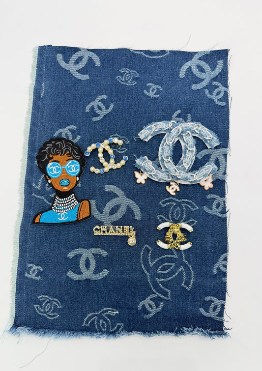 6PC “CHANEL” DESIGNER FABRIC/PATCH/BROOCHES