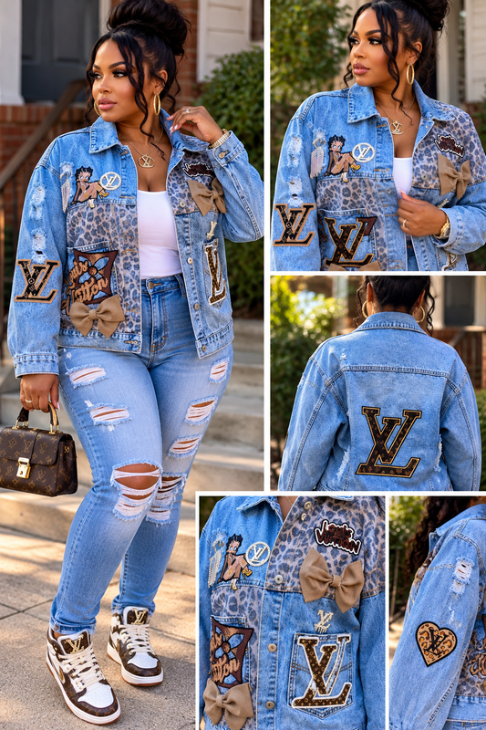 NWT “LV” CUSTOM Leopard Denim Boyfriend Jacket