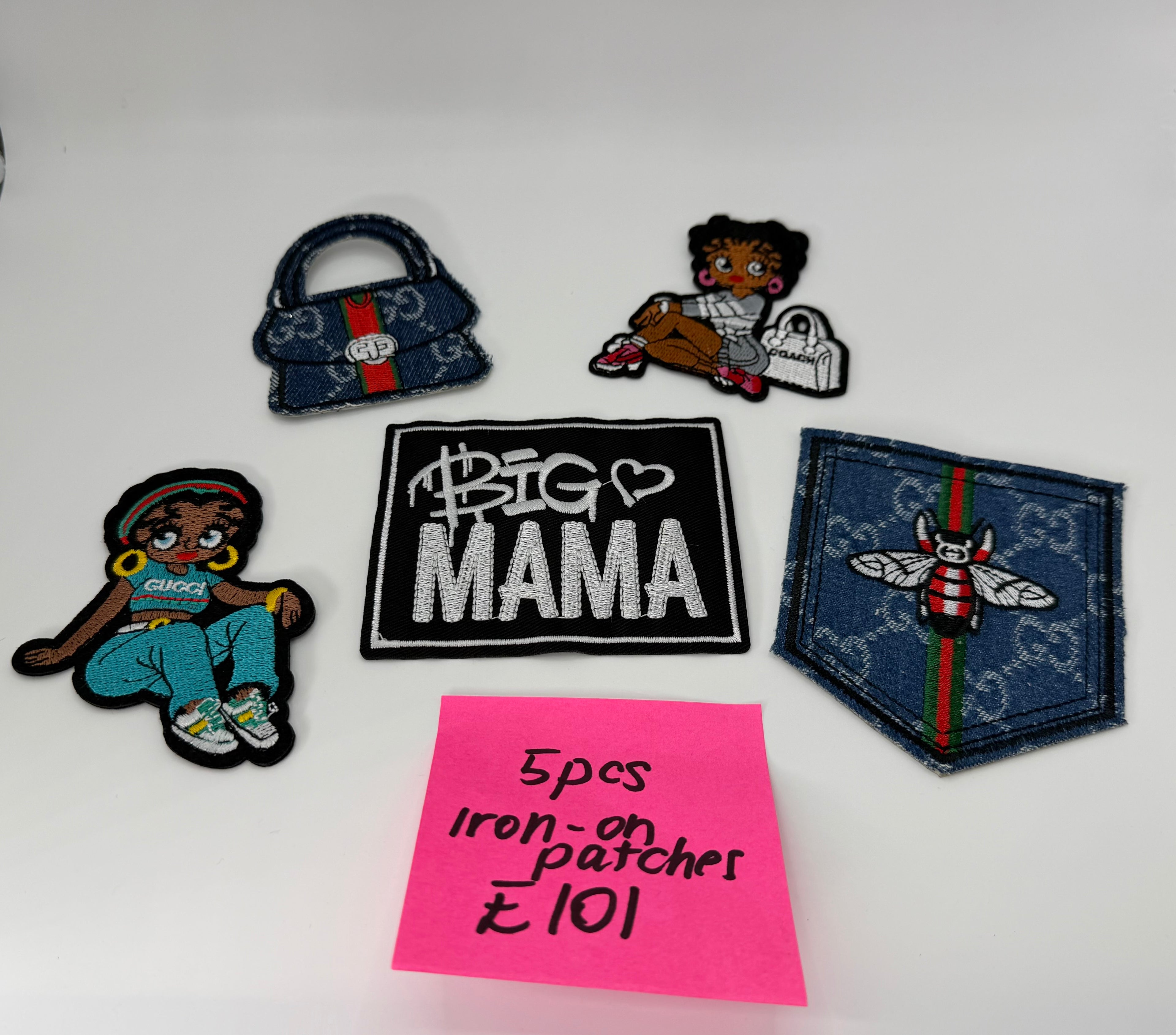 5pc DESIGNER INSPIRED Embroidered Fashion Patches: “GUCCI”, “COACH” BETTY BOOP, BIG MAMA