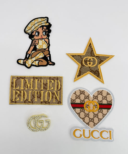5PC “GUCCI” IRON-ON PATCH/BROOCH SET GOLD/KHAKI