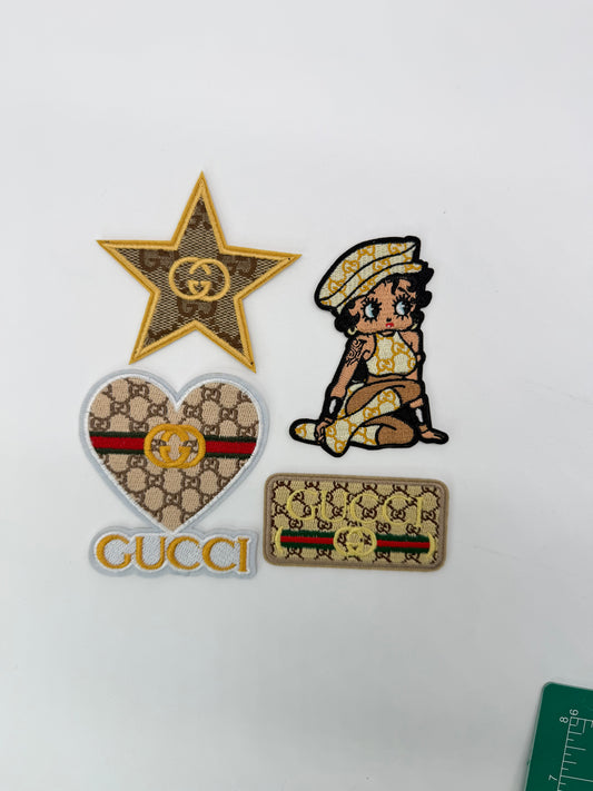 4PC “GUCCI” IRON-ON PATCH/BROOCH SET GOLD/KHAKI