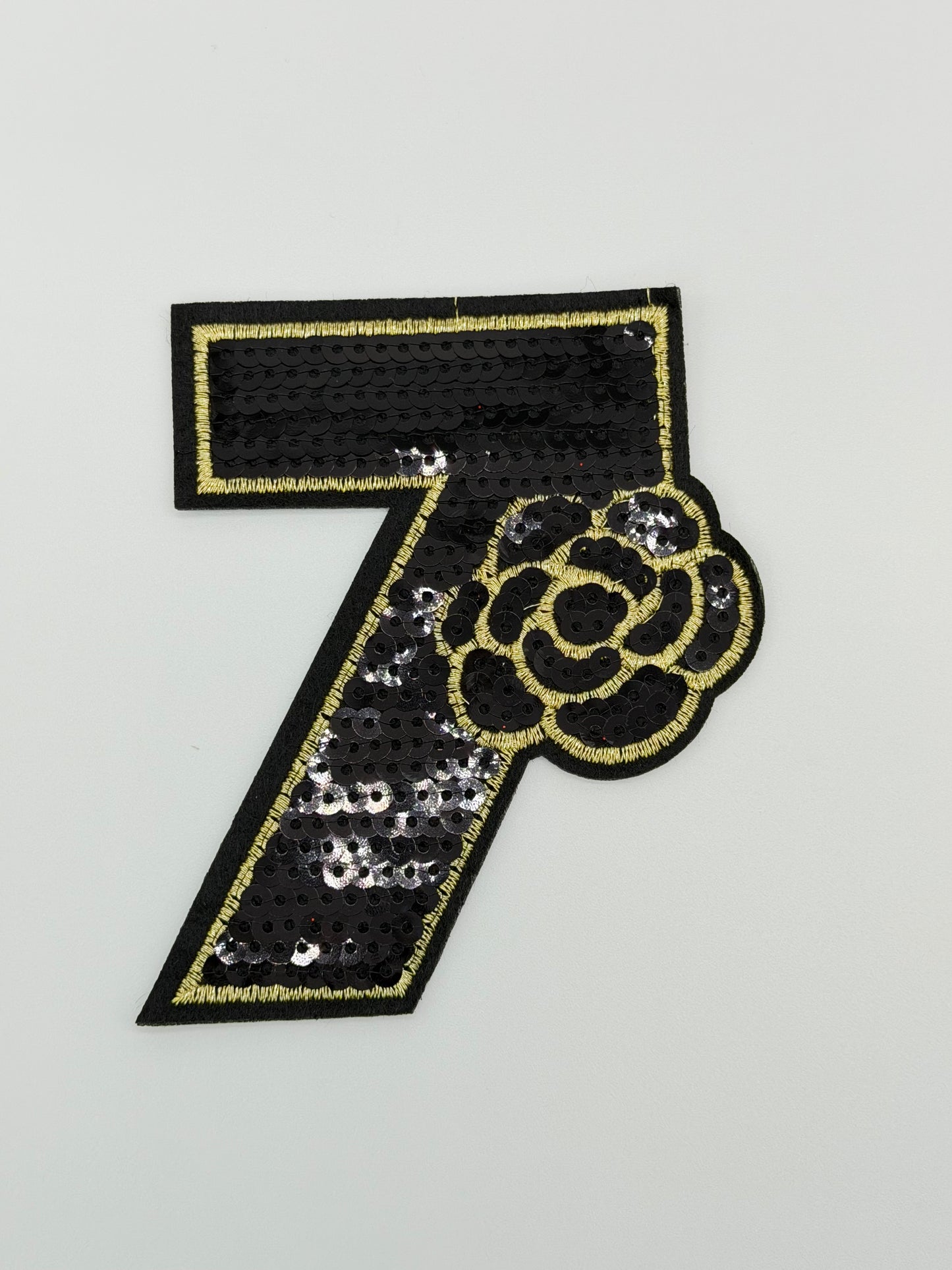 7PC DESIGNER “CHANEL” SEQUIN PATCH/BROOCH SET BLACK/GOLD