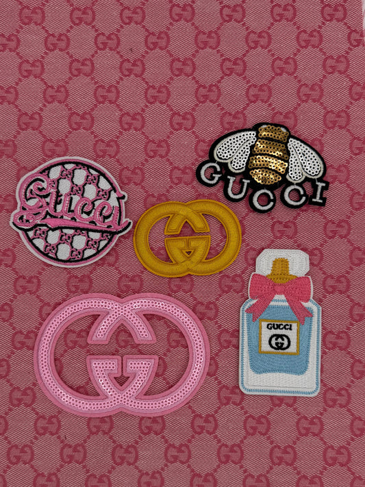 6PC “GUCCI” PINK/GOLD/BABY BLUE PATCH/FABRIC SET