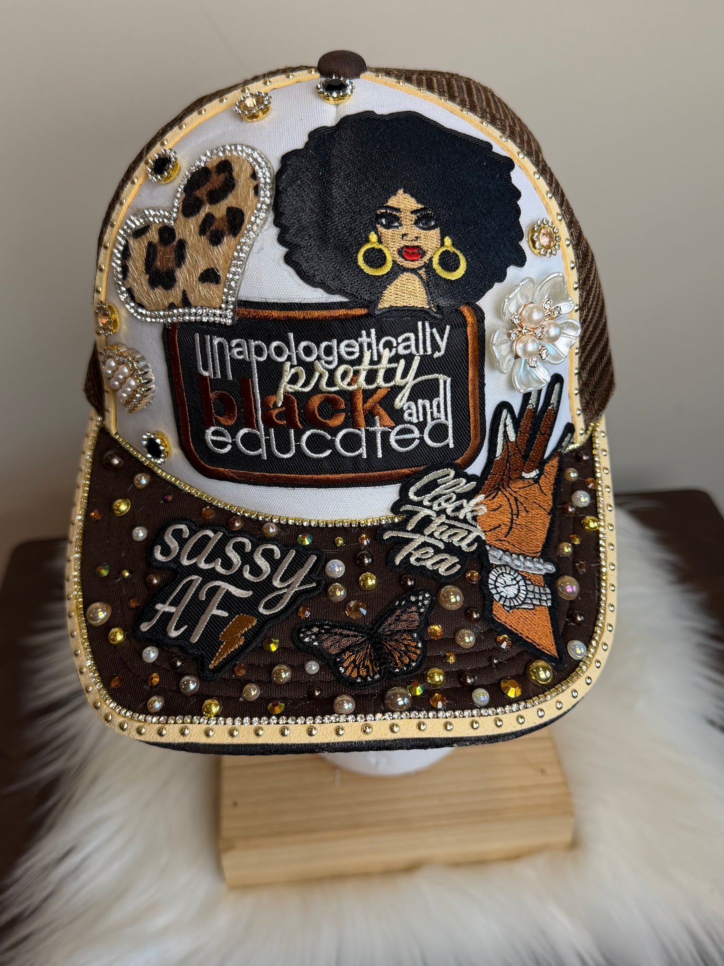 BLACK, EDUCATED, SASSY, “CLOCK THAT TEA” BROWN/BEIGE SNAPBACK JUNK TRUCKER HAT