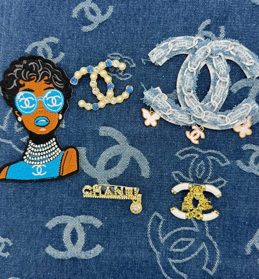 6PC “CHANEL” DESIGNER FABRIC/PATCH/BROOCHES