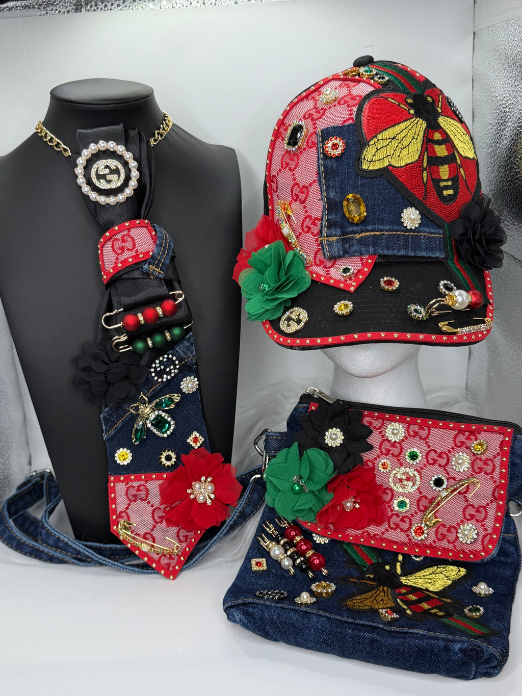 “GUCCI” INSPIRED TIE NECKLACE, GUCCI HAT, and GUCCI INSPIRED DENIM CROSSBODY BAG