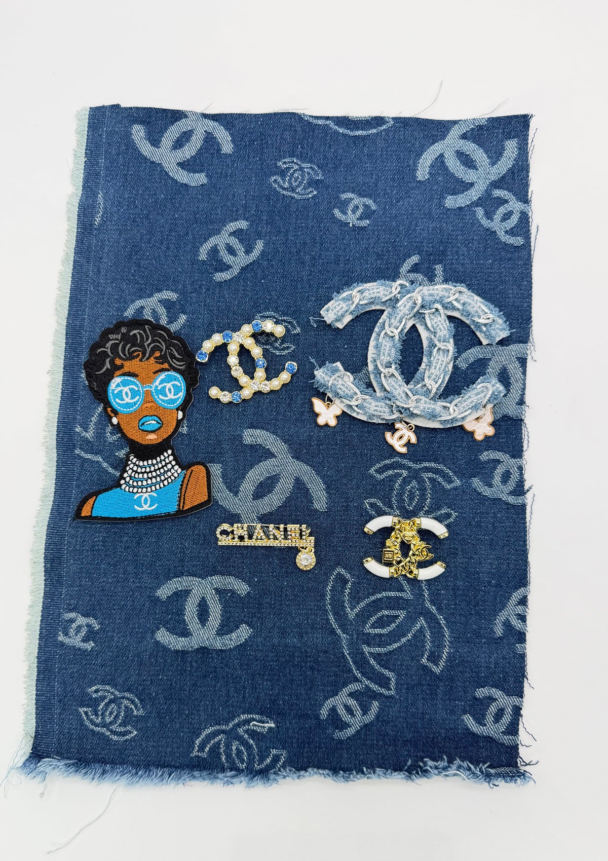 6PC “CHANEL” DESIGNER FABRIC/PATCH/BROOCHES