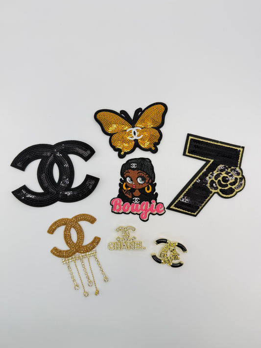 7PC DESIGNER “CHANEL” SEQUIN PATCH/BROOCH SET BLACK/GOLD