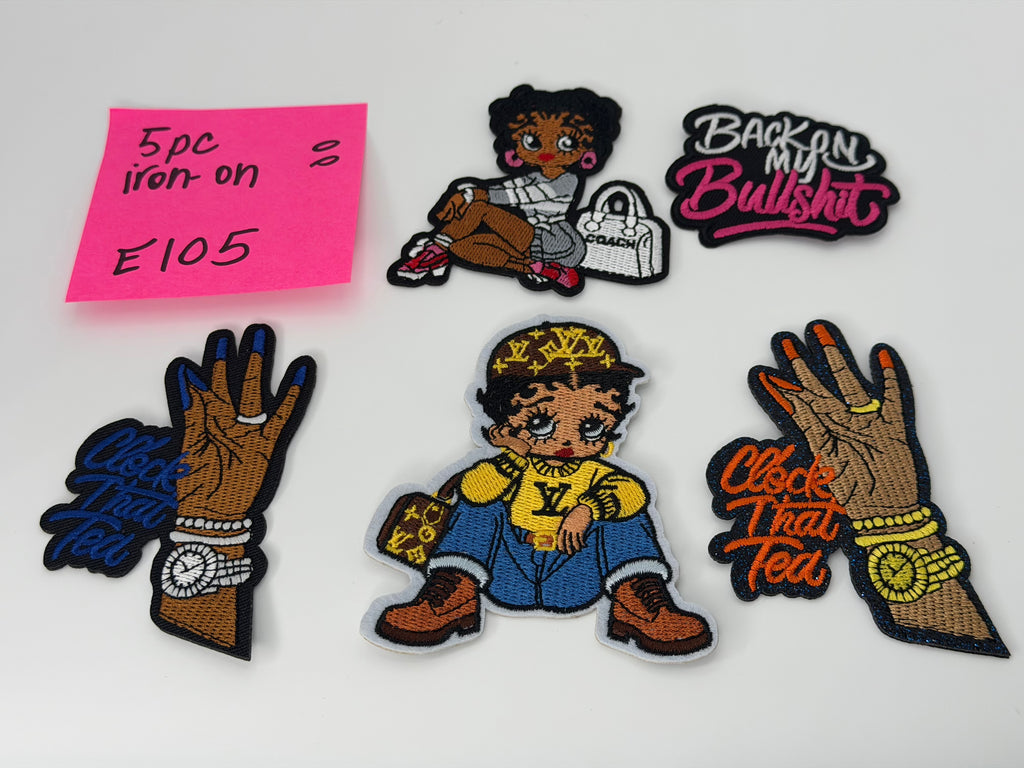 5pc Iron-On DESIGNER “LV”, “COACH” INSPIRED BETTY BOOP, CLOCK THAT TEA E105