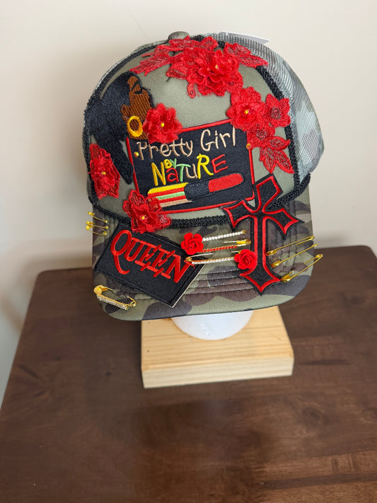 PRETTY GIRL NATURE CUSTOM ARMY/RED JUNK TRUCKER HAT