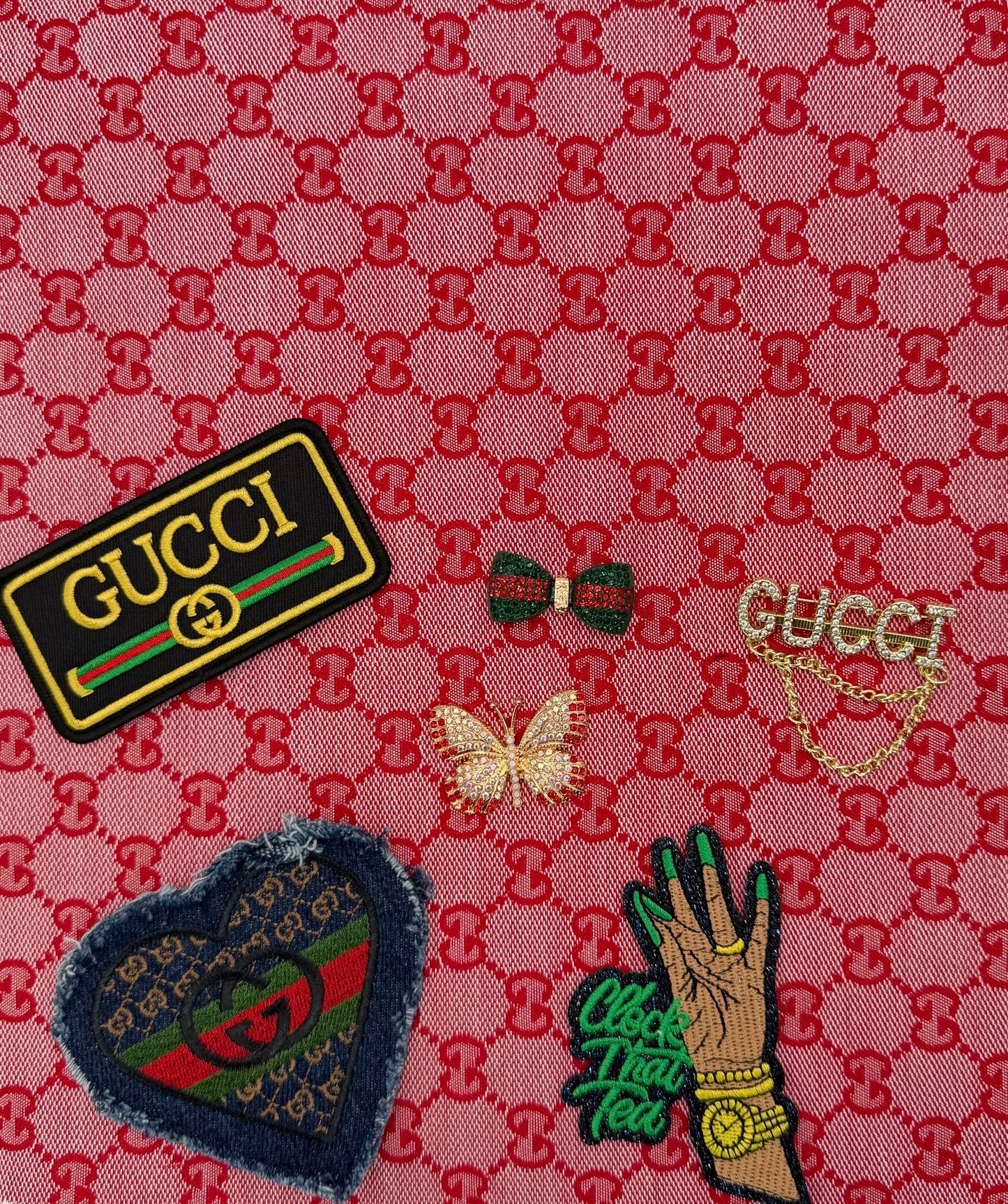 7PC DESIGNER “GUCCI” FABRIC/PATCHES/CHARMS SET