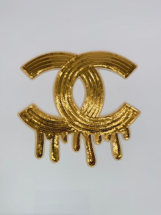 LARGE GOLD SEQUIN “CHANEL” DRIP PATCH