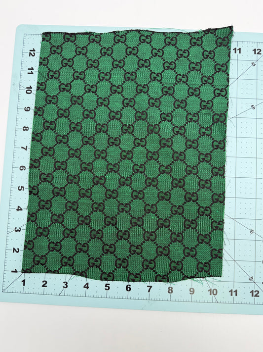 GREEN “GUCCI” DESIGNER LOGO FABRIC 9x12in