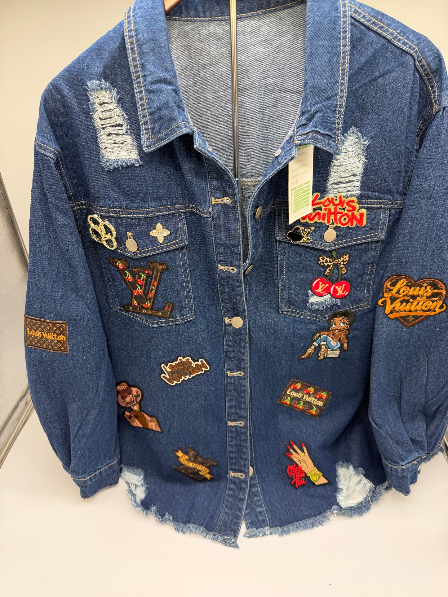 CUSTOM DISTRESSED DENIM PATCH SHACKET MED