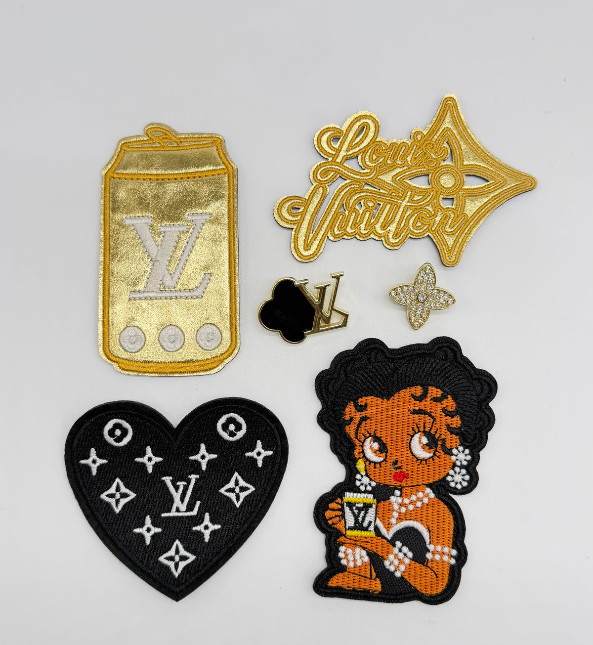 6PC “LV” BLACK/GOLD IRON-ON PATCH SET