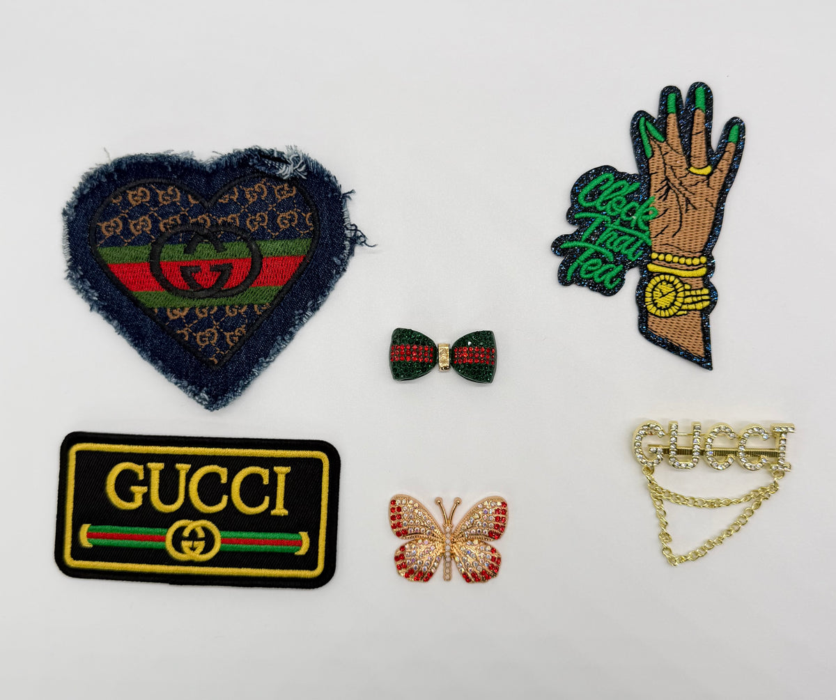 7PC DESIGNER “GUCCI” FABRIC/PATCHES/CHARMS SET