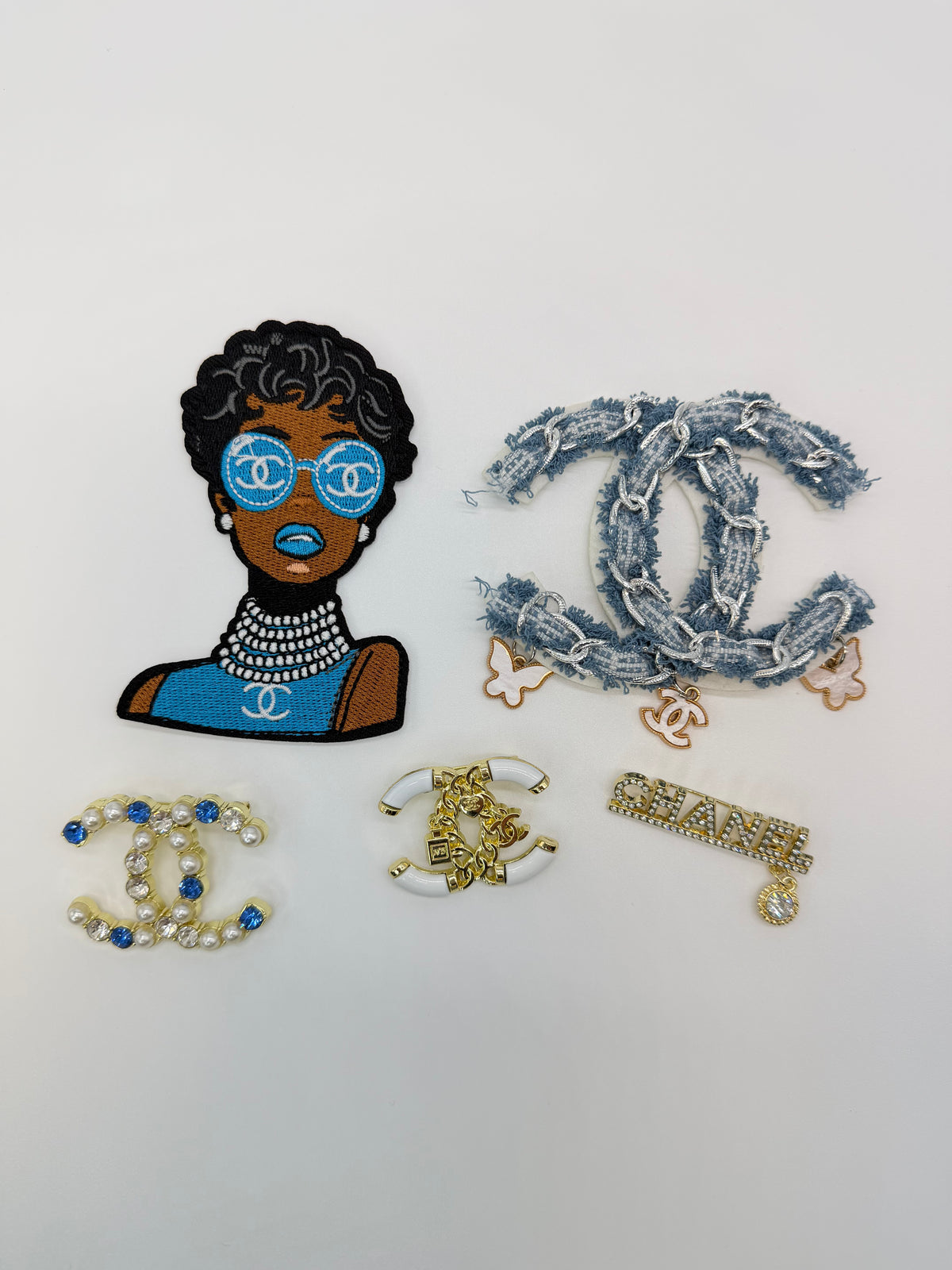 6PC “CHANEL” DESIGNER FABRIC/PATCH/BROOCHES
