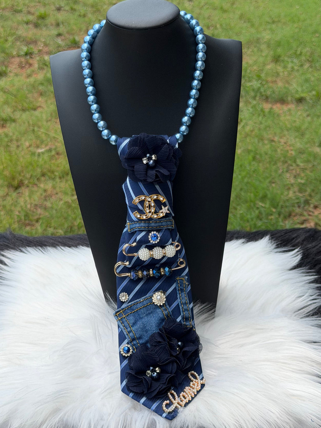 DENIM & NAVY “ CHANEL” INSPIRED CUSTOM TIE NECKLACE