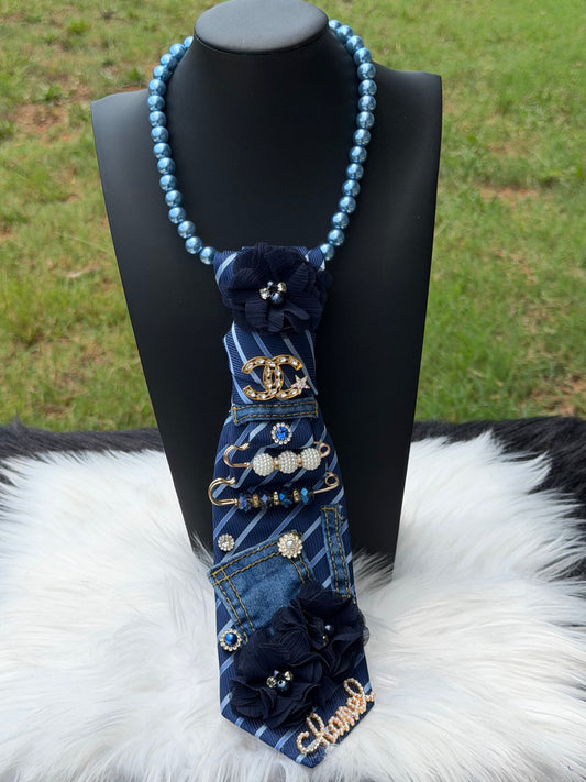 DENIM & NAVY “ CHANEL” INSPIRED CUSTOM TIE NECKLACE