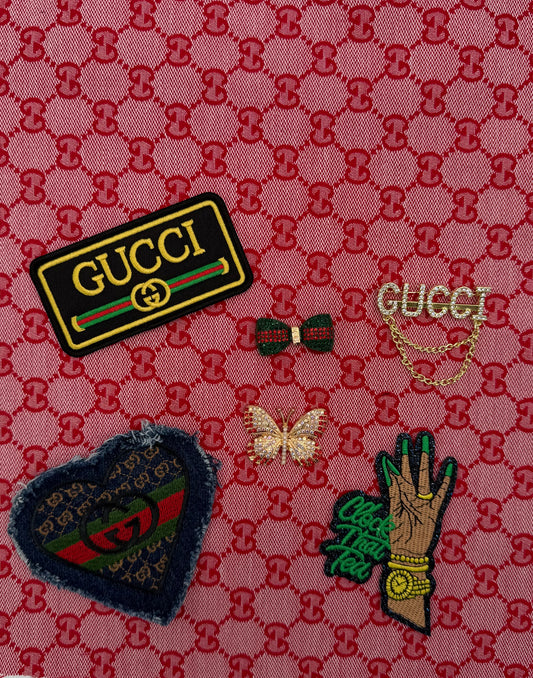 7PC DESIGNER “GUCCI” FABRIC/PATCHES/CHARMS SET
