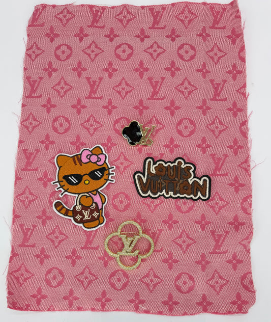 5PC PINK DESIGNER “LV” LOGO FABRIC/PATCH/BROOCH SET