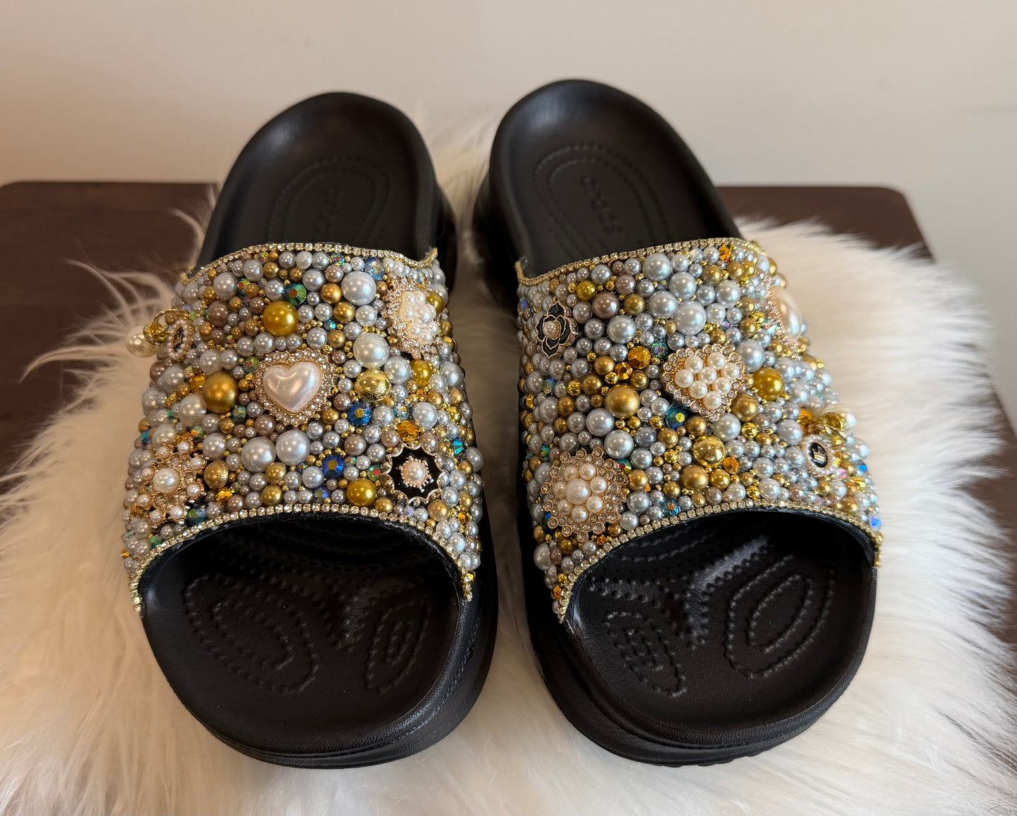 CUSTOM PEARL CROCS “BAE SLIDES” SZ W8