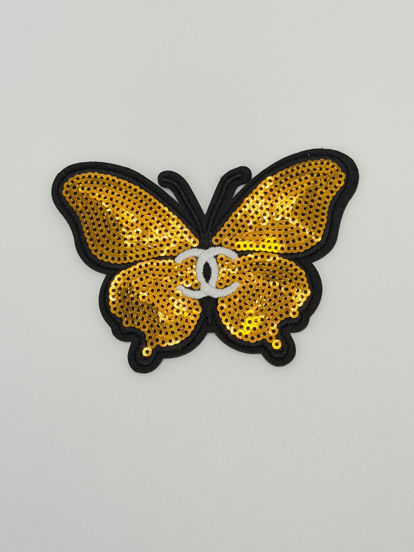 7PC DESIGNER “CHANEL” SEQUIN PATCH/BROOCH SET BLACK/GOLD