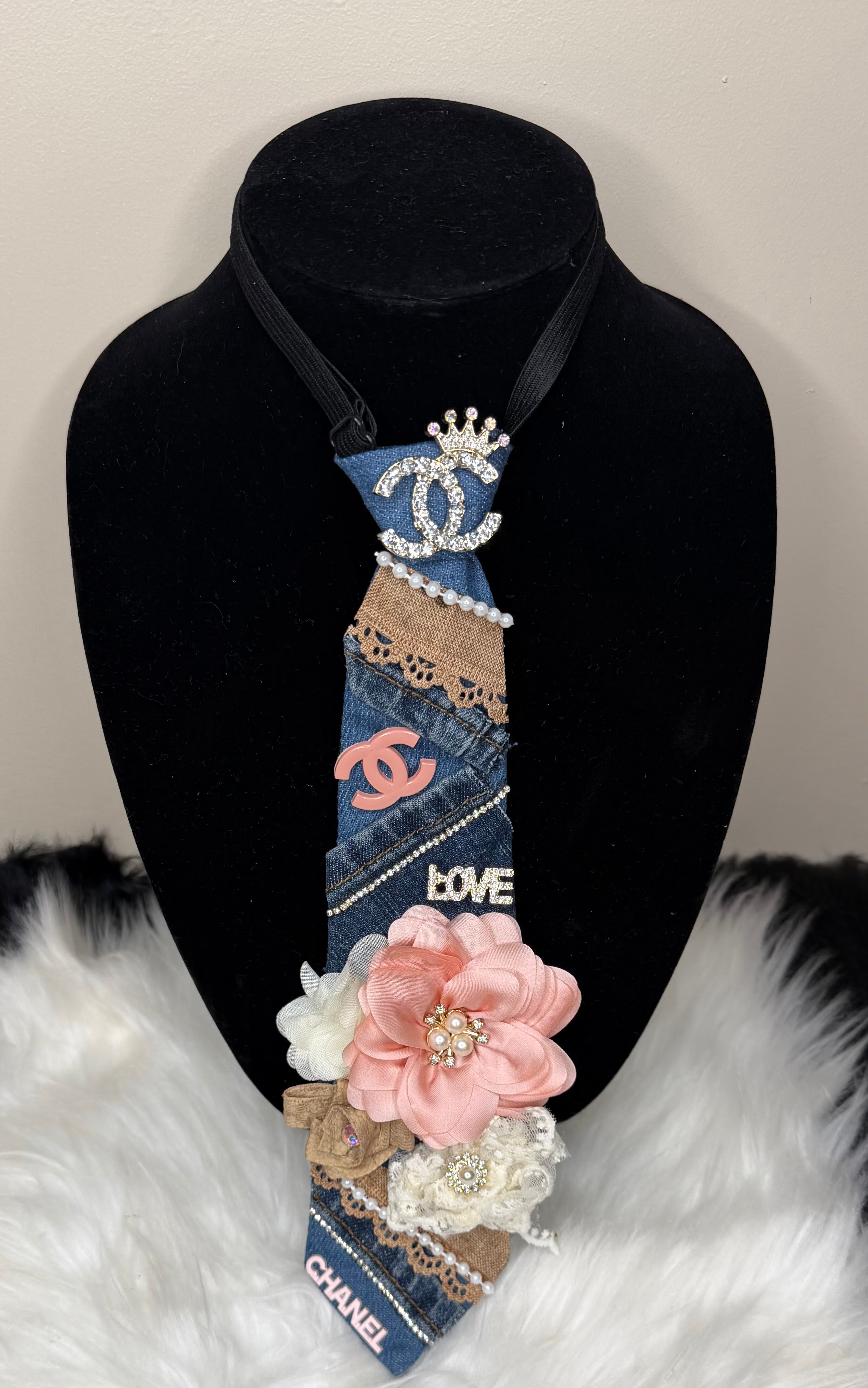 DENIM, MAUVE, TAN & CREAM “CHANEL” INSPIRED TIE