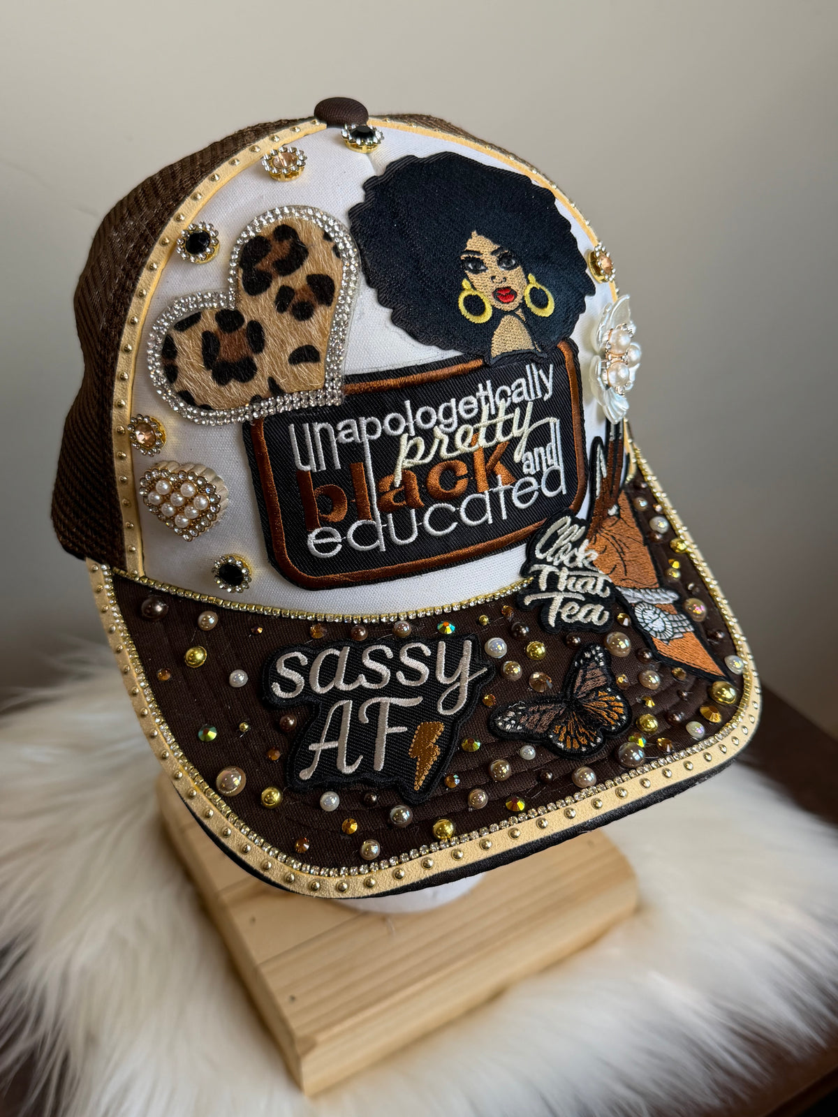 BLACK, EDUCATED, SASSY, “CLOCK THAT TEA” BROWN/BEIGE SNAPBACK JUNK TRUCKER HAT