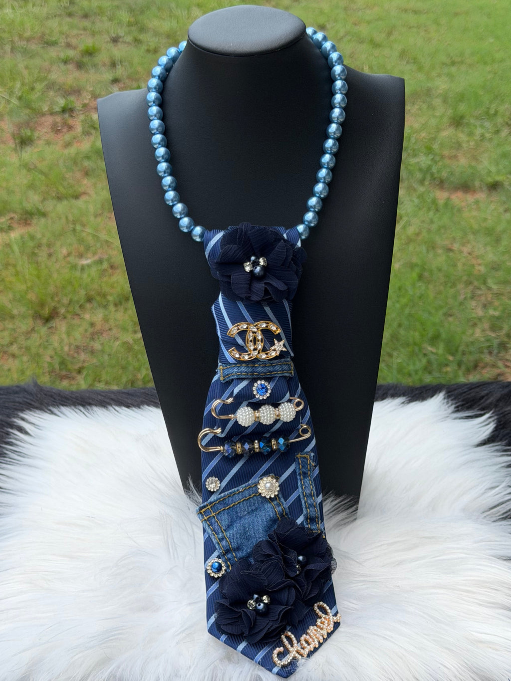 DENIM & NAVY “ CHANEL” INSPIRED CUSTOM TIE NECKLACE