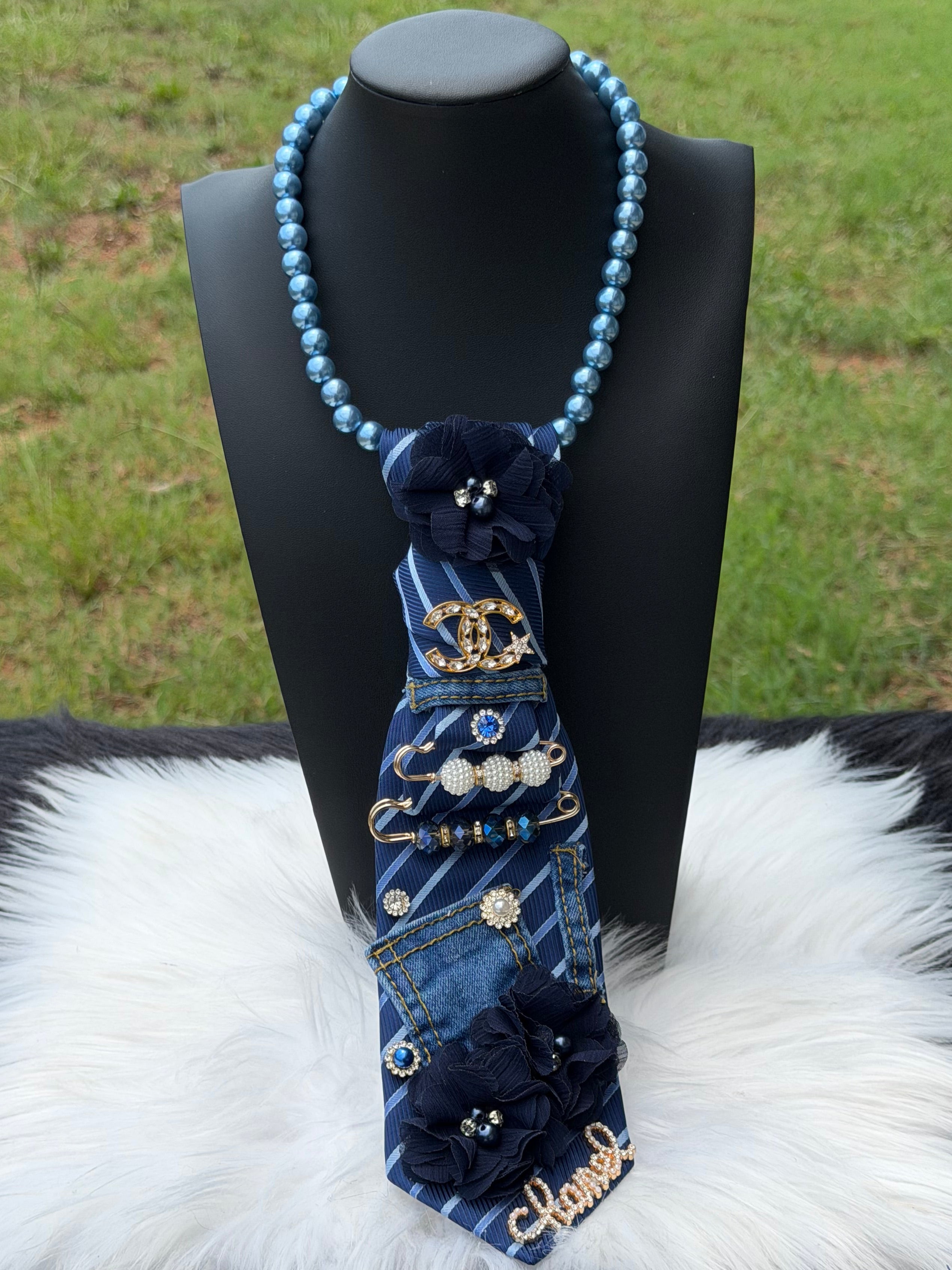 DENIM & NAVY “ CHANEL” INSPIRED CUSTOM TIE NECKLACE