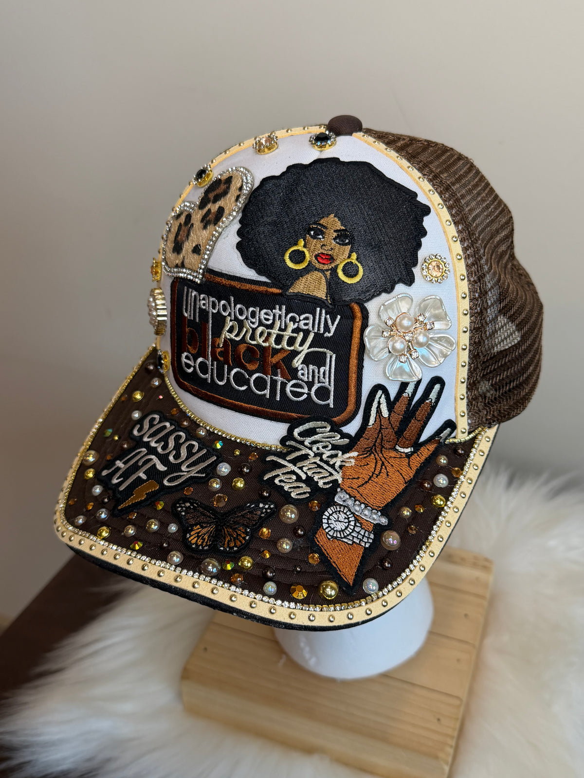 BLACK, EDUCATED, SASSY, “CLOCK THAT TEA” BROWN/BEIGE SNAPBACK JUNK TRUCKER HAT