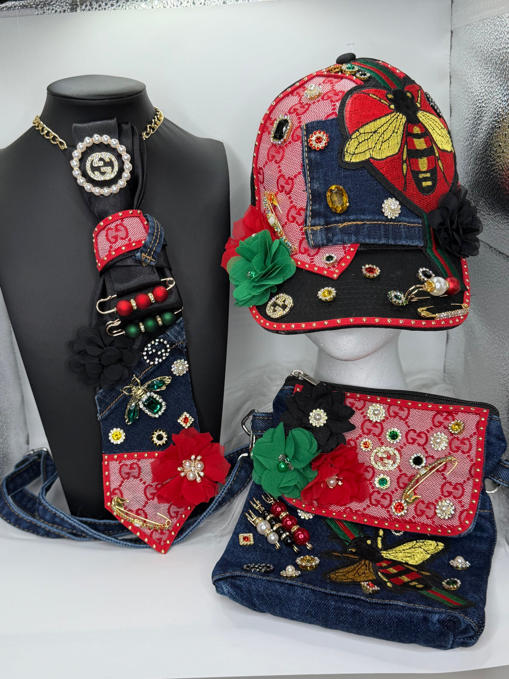 “GUCCI” INSPIRED TIE NECKLACE, GUCCI HAT, and GUCCI INSPIRED DENIM CROSSBODY BAG
