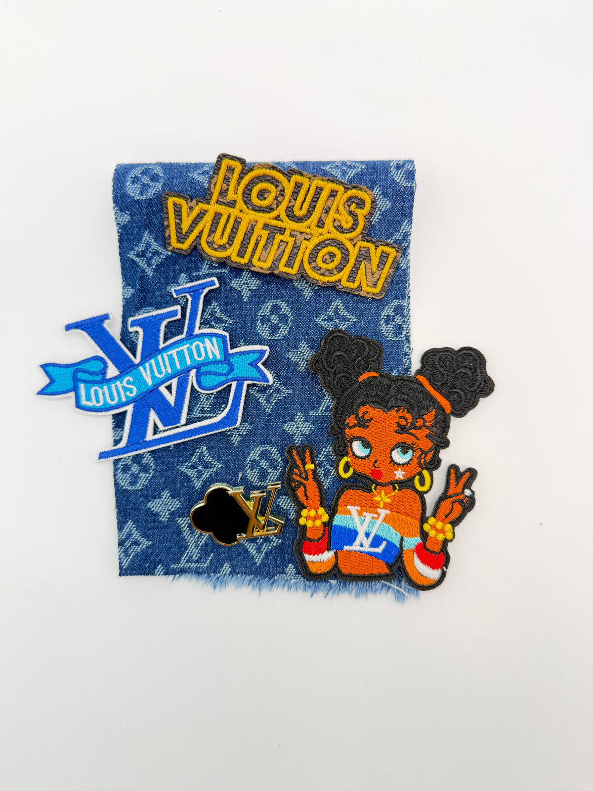 5PC DESIGNER “LV” LOGO DENIM FABRIC/PATCH/BROOCH SET