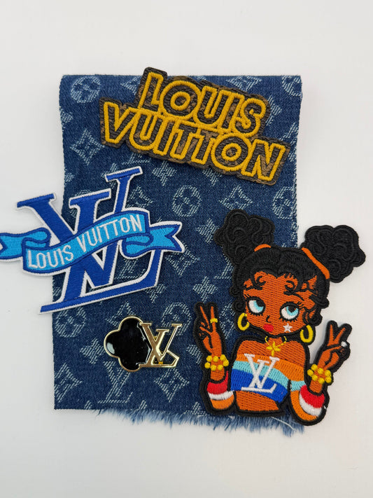 5PC DESIGNER “LV” LOGO DENIM FABRIC/PATCH/BROOCH SET