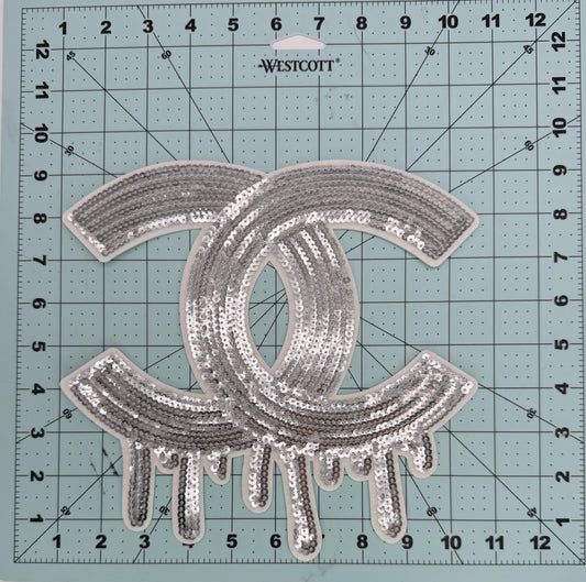 LARGE SILVER SEQUIN “CHANEL” DRIP PATCH