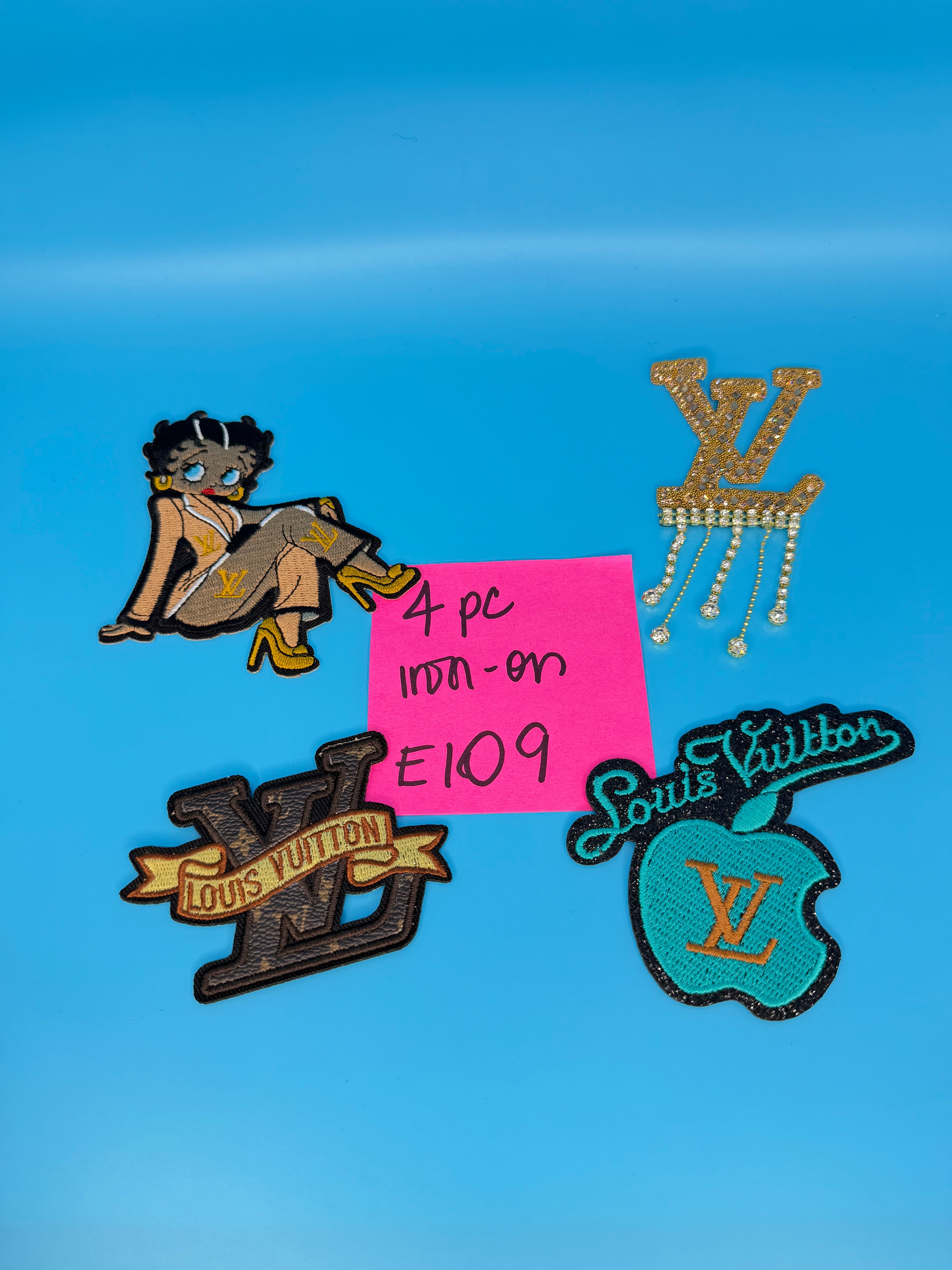 DESIGNER “LV” Logo Embroidered Iron-On Patch Pack 4pc for Bags/Jackets E109