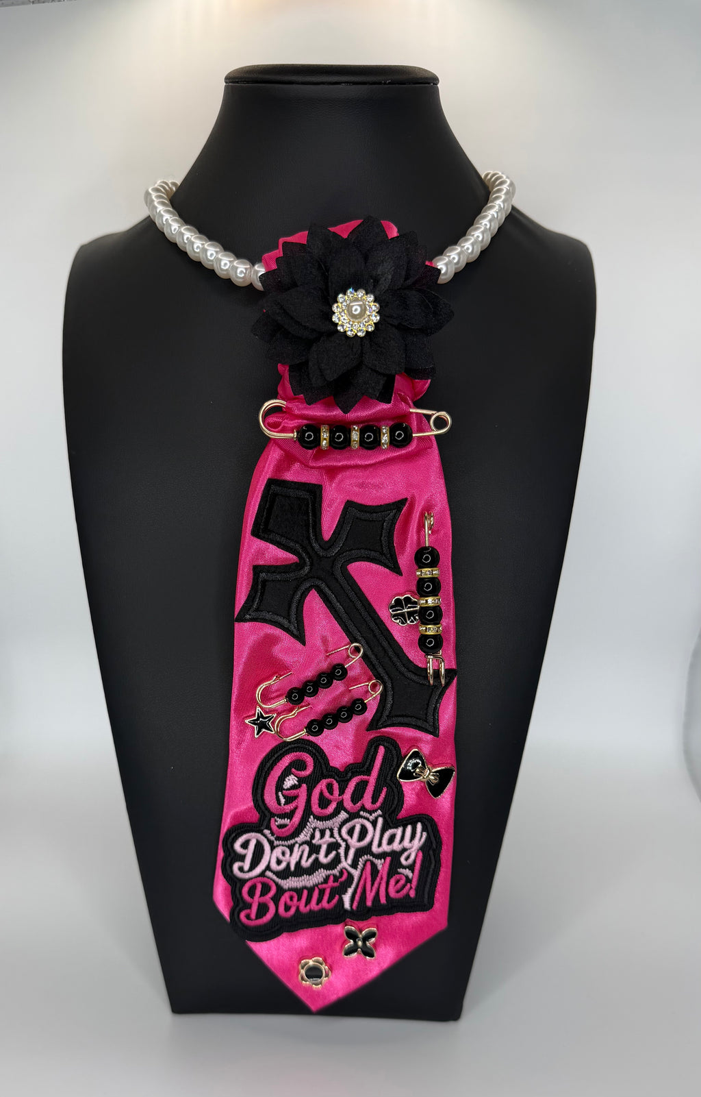 FUCHSIA/BLACK “GOD DON’T PLAY” TIE NECKLACE
