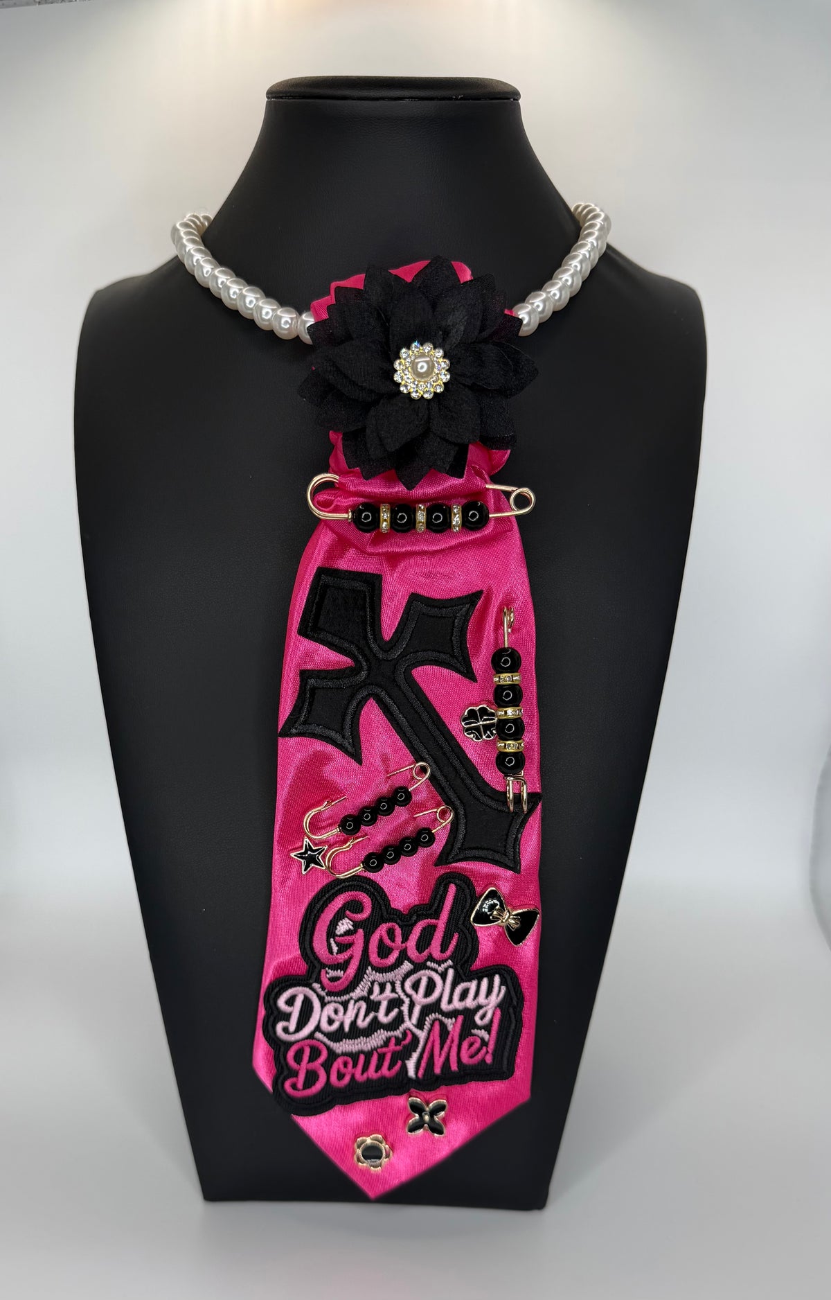 FUCHSIA/BLACK “GOD DON’T PLAY” TIE NECKLACE