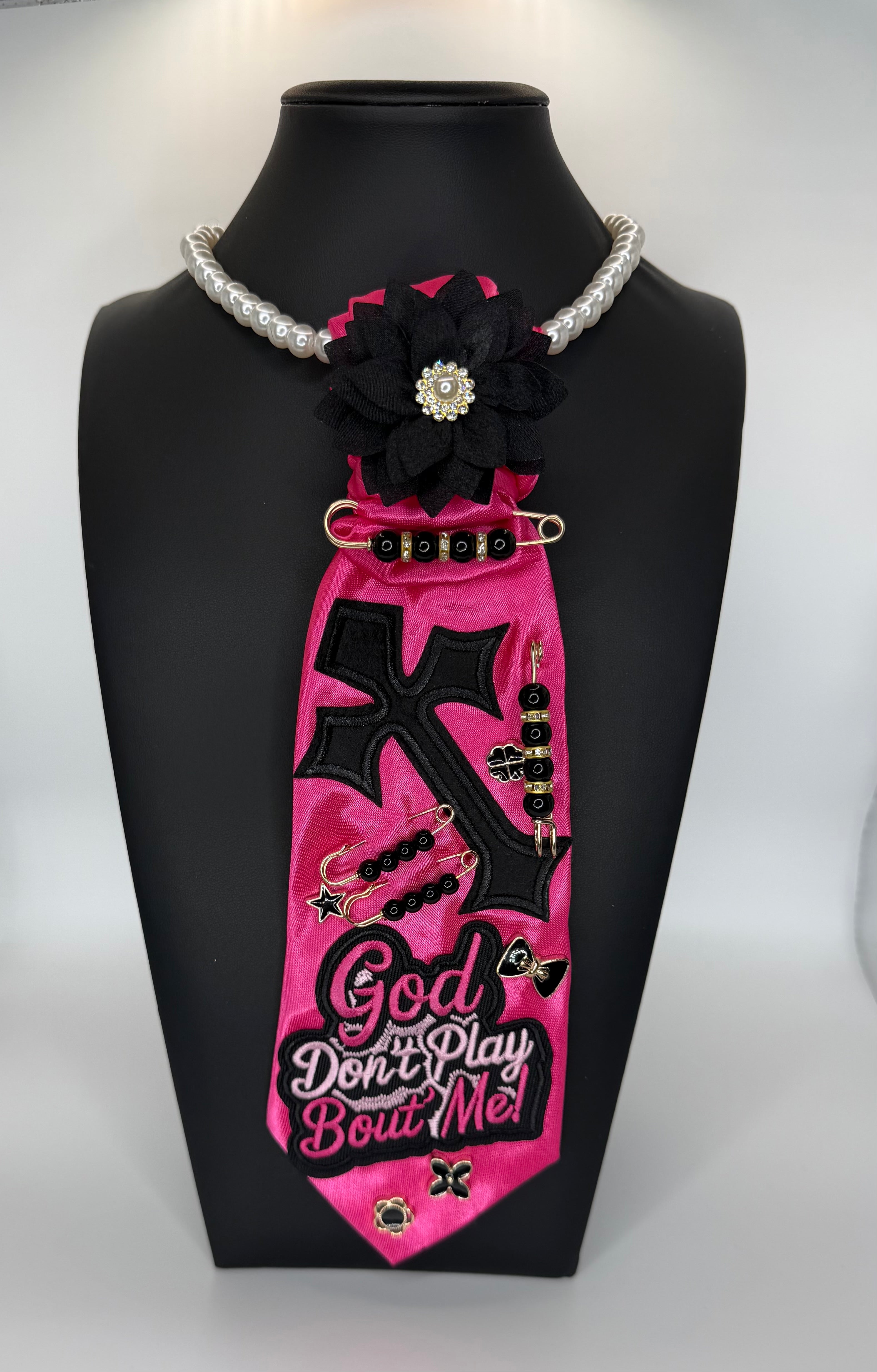 FUCHSIA/BLACK “GOD DON’T PLAY” TIE NECKLACE