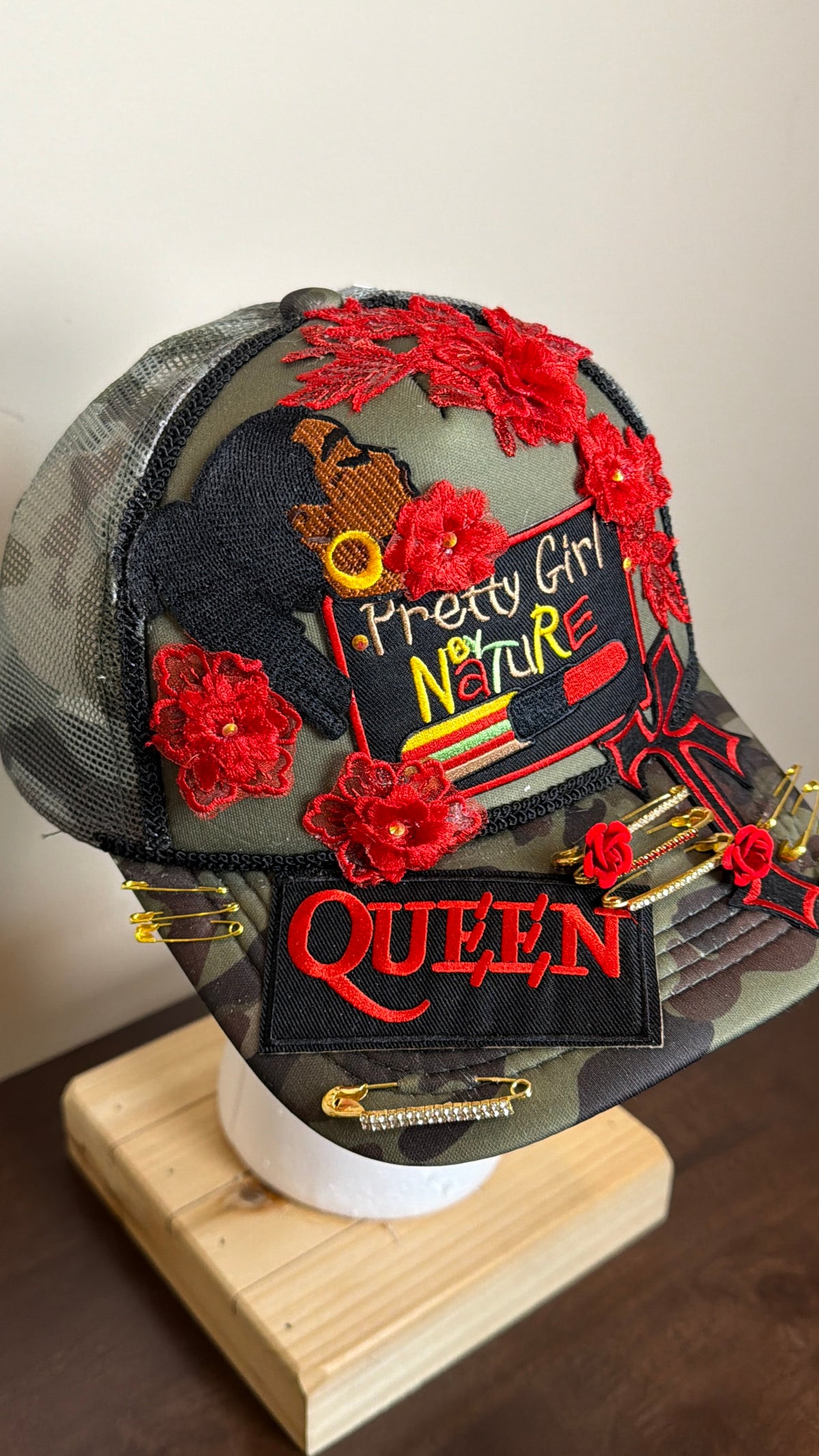 PRETTY GIRL NATURE CUSTOM ARMY/RED JUNK TRUCKER HAT