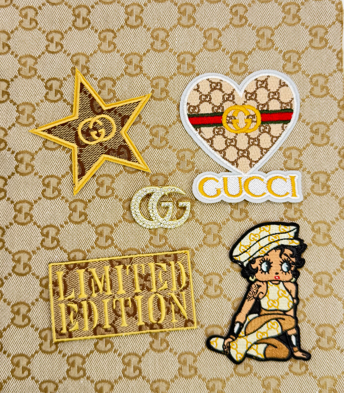 6PC “GUCCI” FABRIC/IRON-ON PATCHES/ BROOCH SET