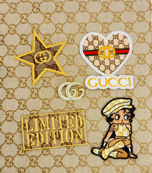 6PC “GUCCI” FABRIC/IRON-ON PATCHES/ BROOCH SET