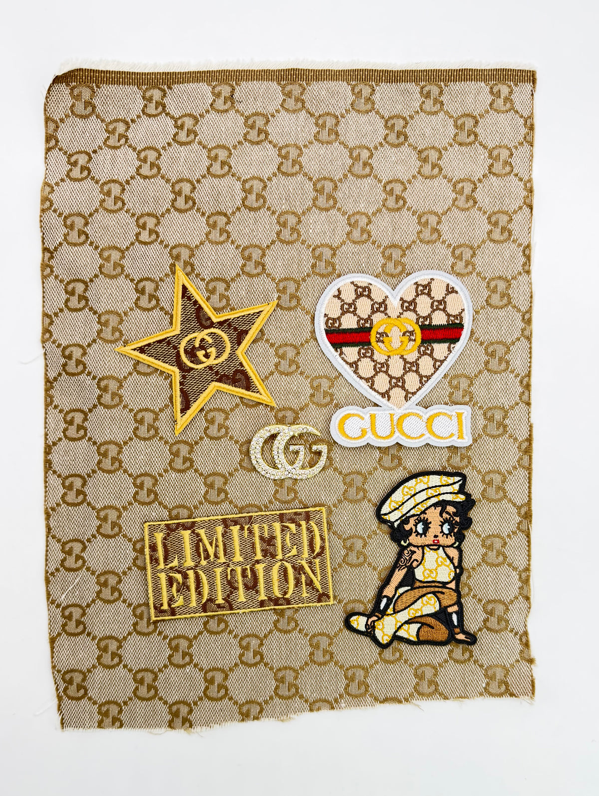 6PC “GUCCI” FABRIC/IRON-ON PATCHES/ BROOCH SET