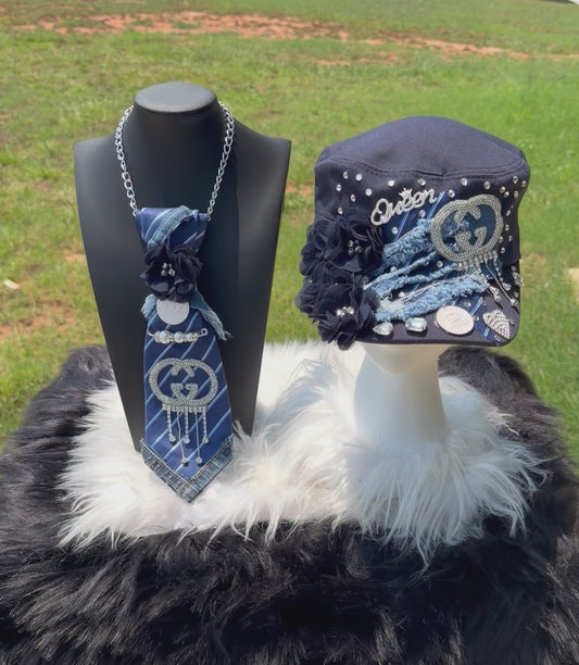 NAVY BLUE & DENIM DESIGNER INSPIRED MILITARY HAT & TIE SET