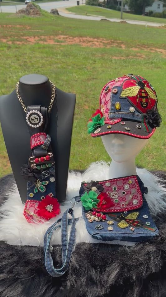 “GUCCI” INSPIRED TIE NECKLACE, GUCCI HAT, and GUCCI INSPIRED DENIM CROSSBODY BAG
