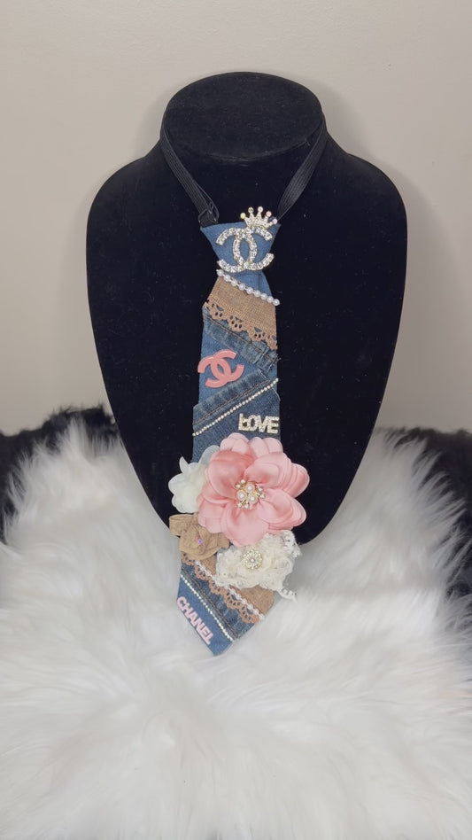 DENIM, MAUVE, TAN & CREAM “CHANEL” INSPIRED TIE